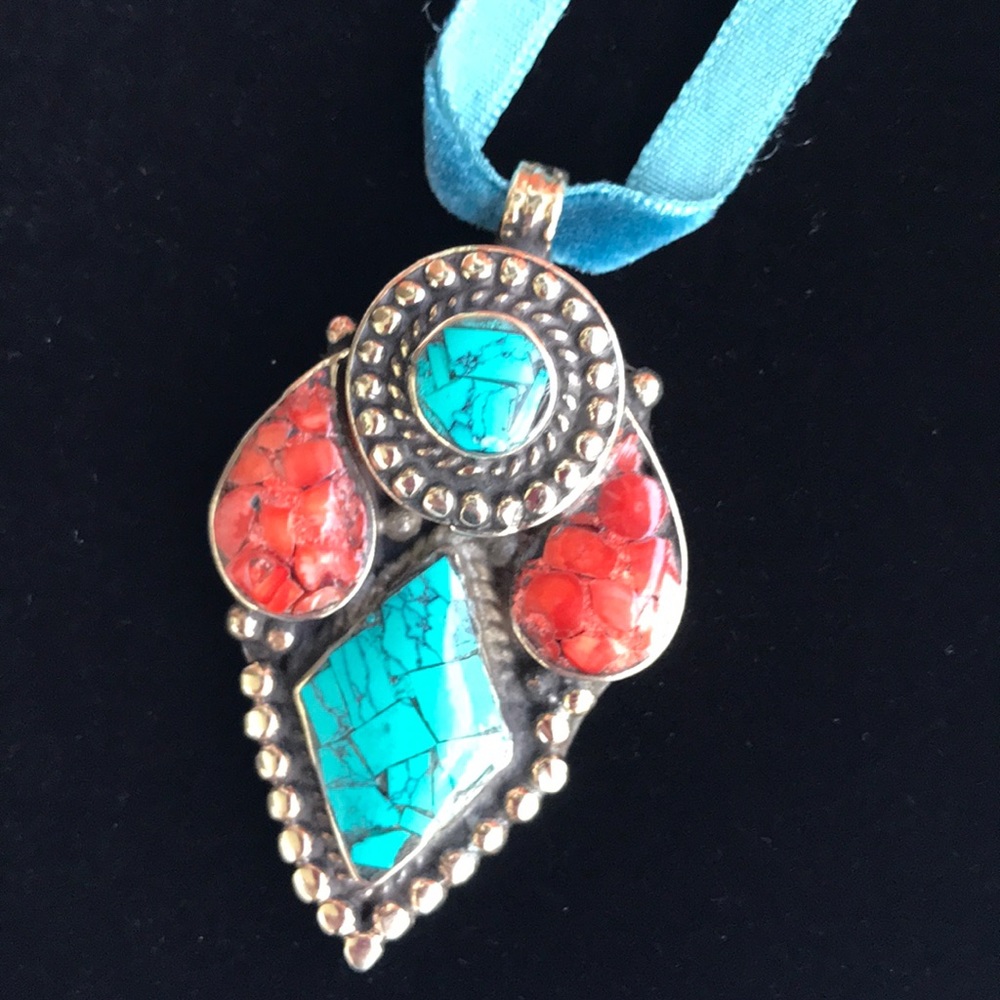 Vintage Sterling Red & Turquoise Necklace Pendant